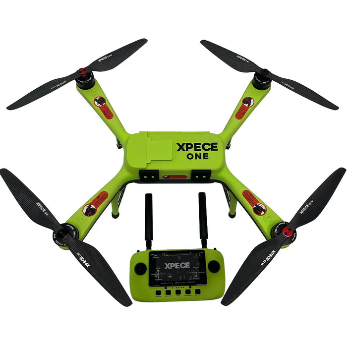 Top view of Xpece Rescue Drone with remote controller shown below on white background